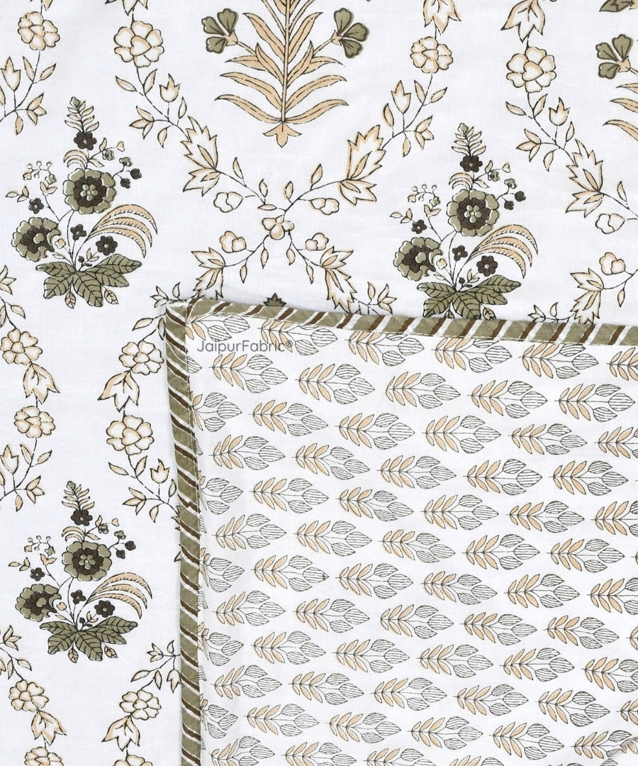 Nebulous Green Block Print 400 TC Pure Premium MulMul Cotton Single Bed Dohar
