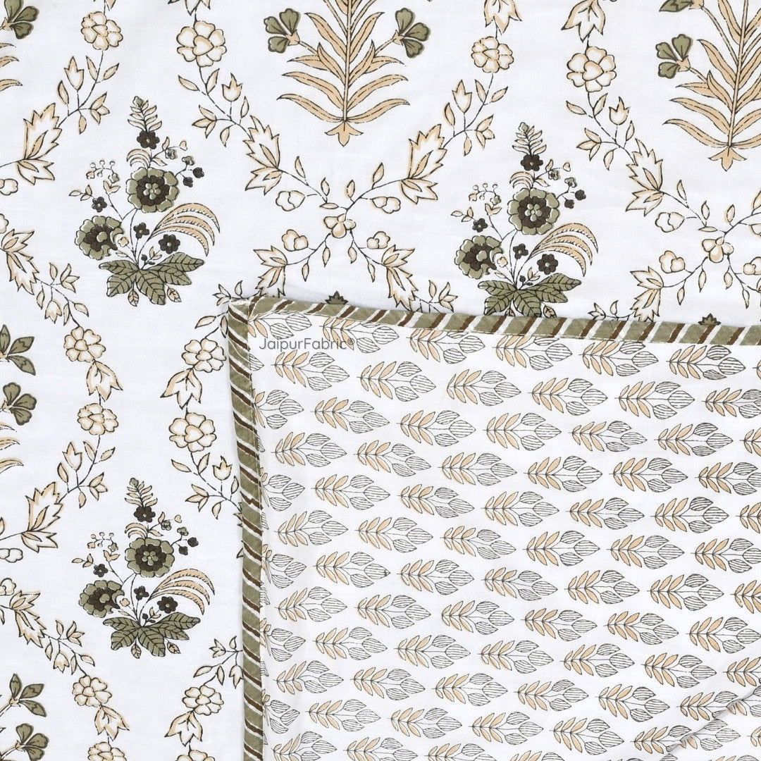 Nebulous Green Block Print 400 TC Pure Premium MulMul Cotton Single Bed Dohar