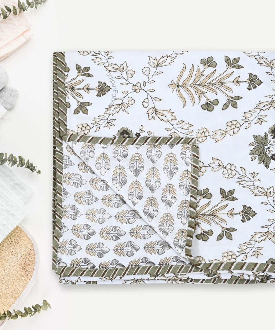 Nebulous Green Block Print 400 TC Pure Premium MulMul Cotton Single Bed Dohar