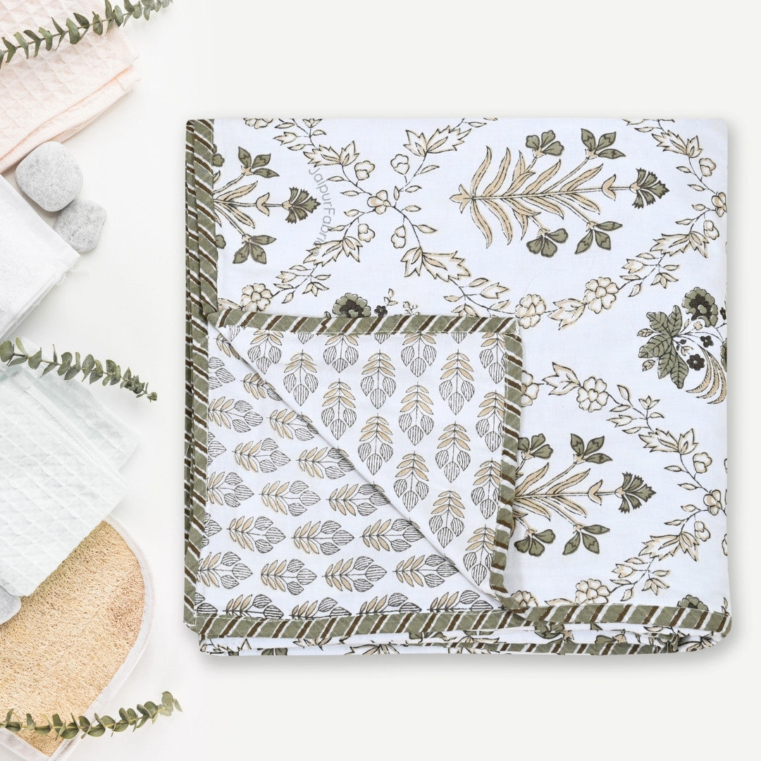 Nebulous Green Block Print 400 TC Pure Premium MulMul Cotton Single Bed Dohar