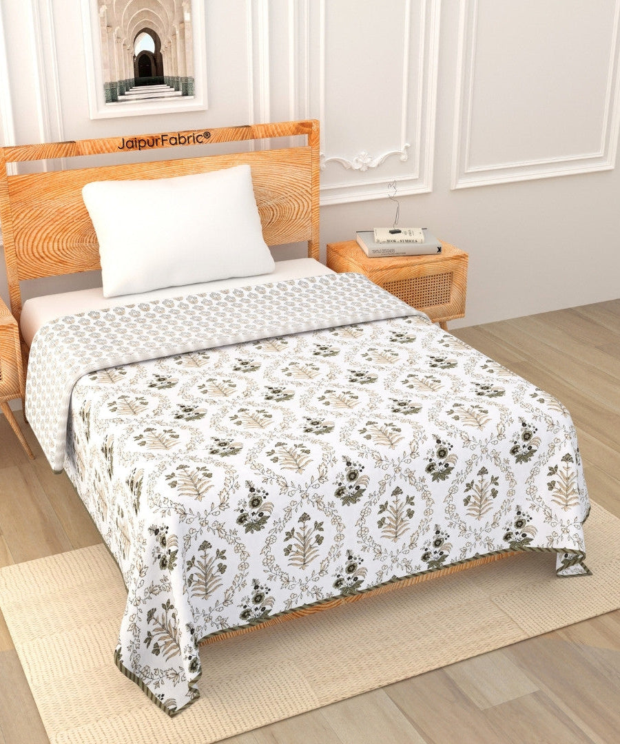 Nebulous Green Block Print 400 TC Pure Premium MulMul Cotton Single Bed Dohar