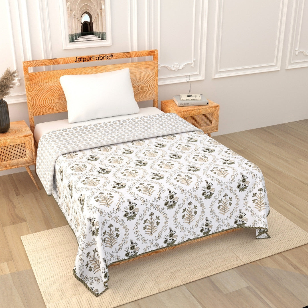 Nebulous Green Block Print 400 TC Pure Premium MulMul Cotton Single Bed Dohar