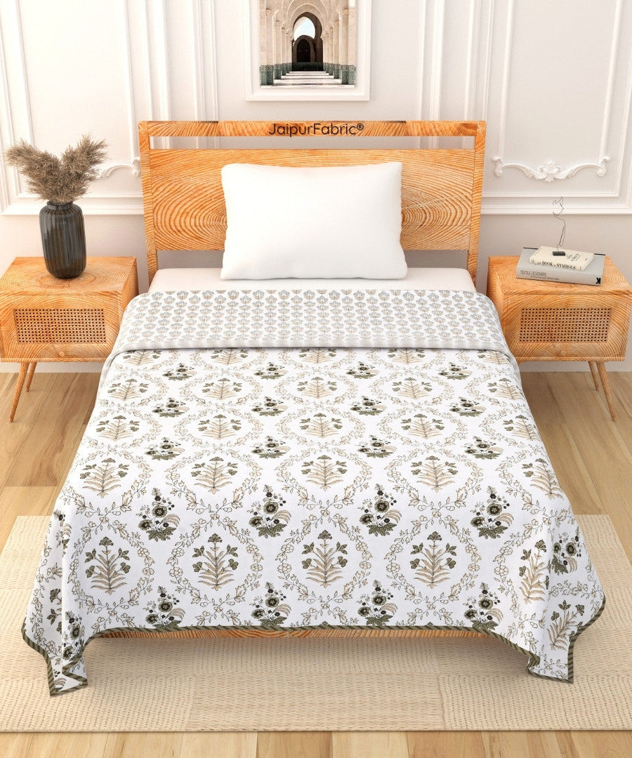 Nebulous Green Block Print 400 TC Pure Premium MulMul Cotton Single Bed Dohar