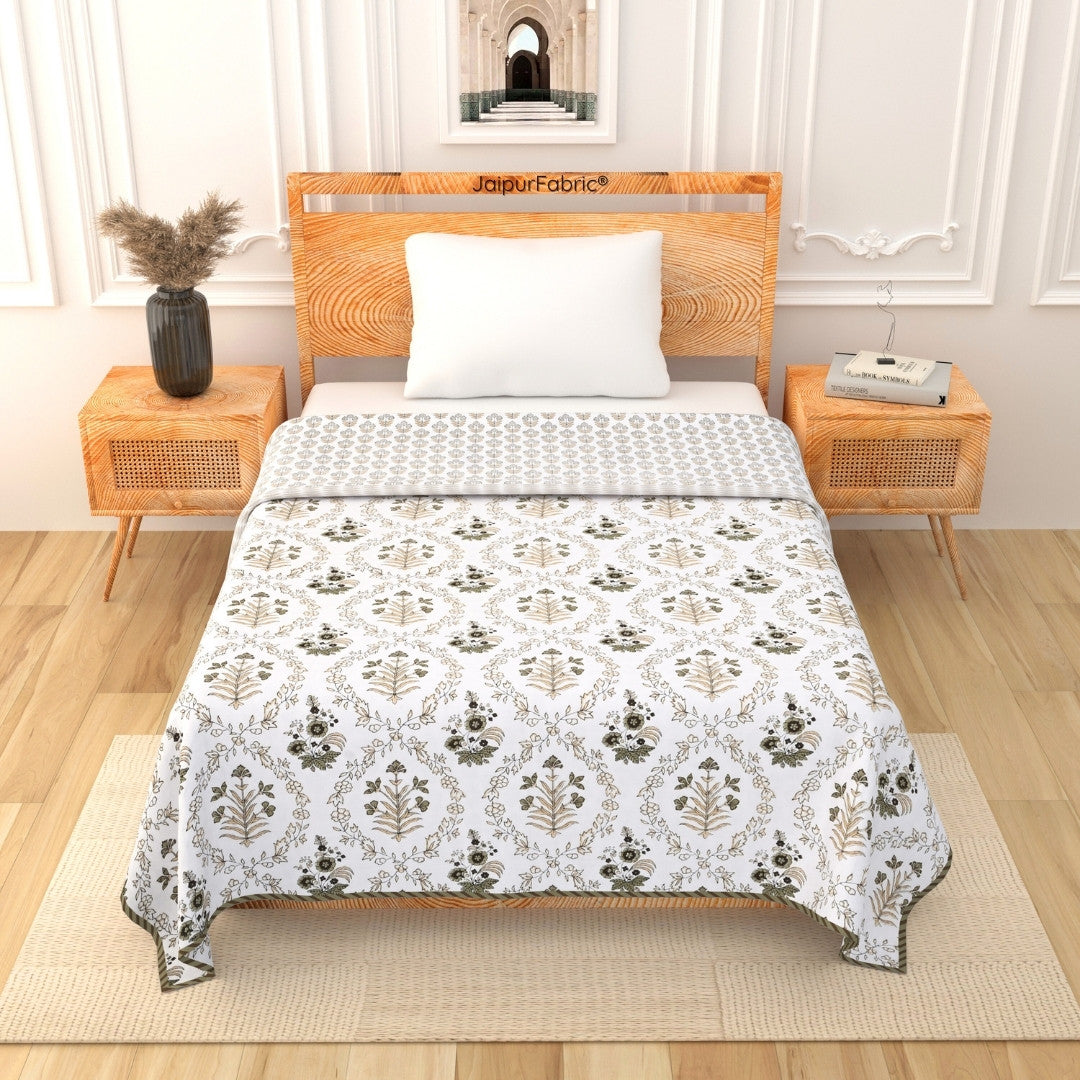 Nebulous Green Block Print 400 TC Pure Premium MulMul Cotton Single Bed Dohar