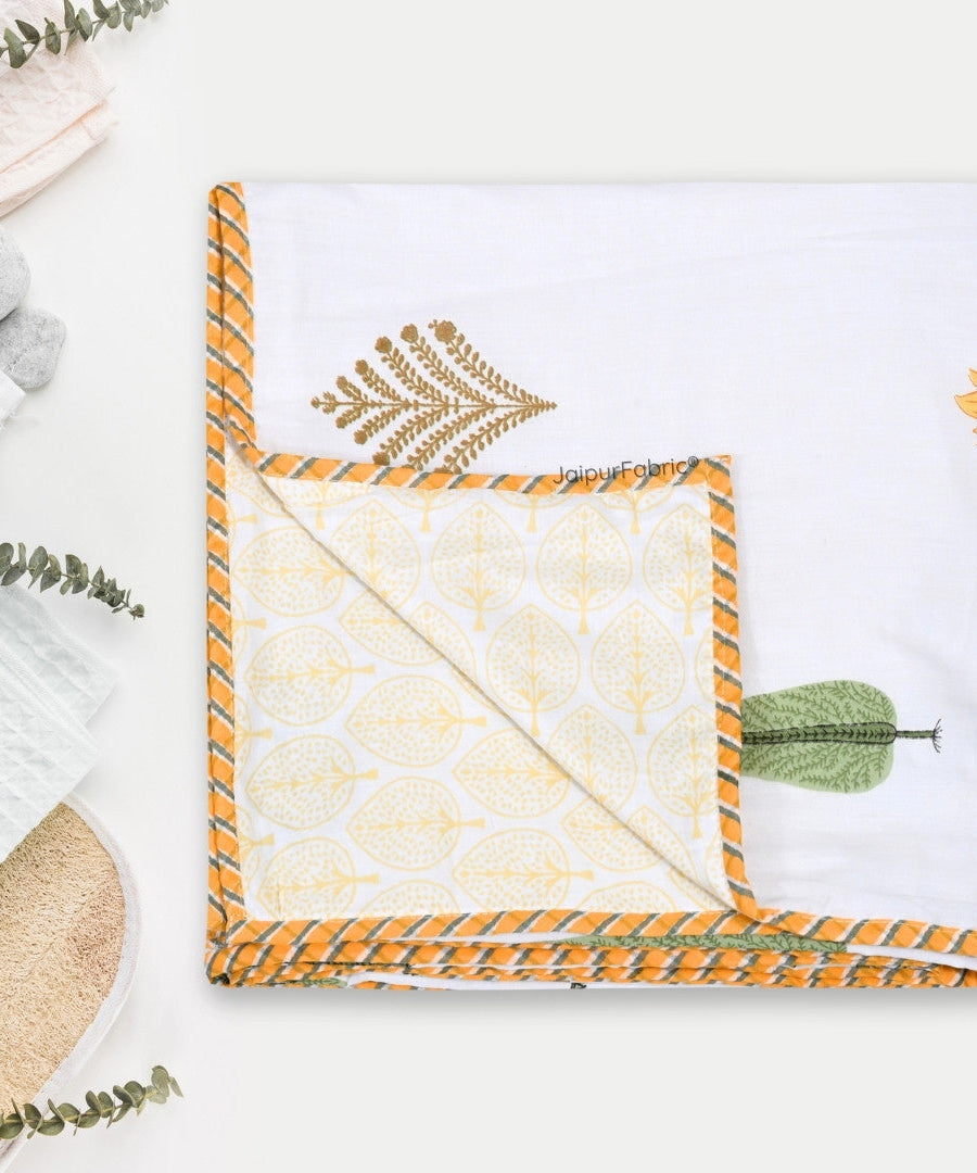 Bamboo Mustard Block Print 400 TC Pure Premium MulMul Cotton Single Bed Dohar