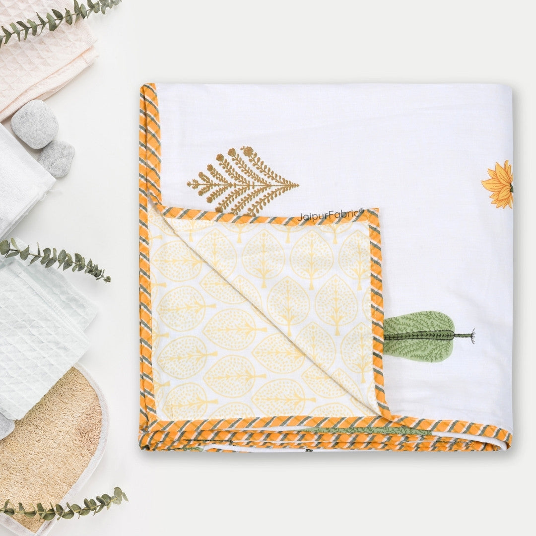 Bamboo Mustard Block Print 400 TC Pure Premium MulMul Cotton Single Bed Dohar