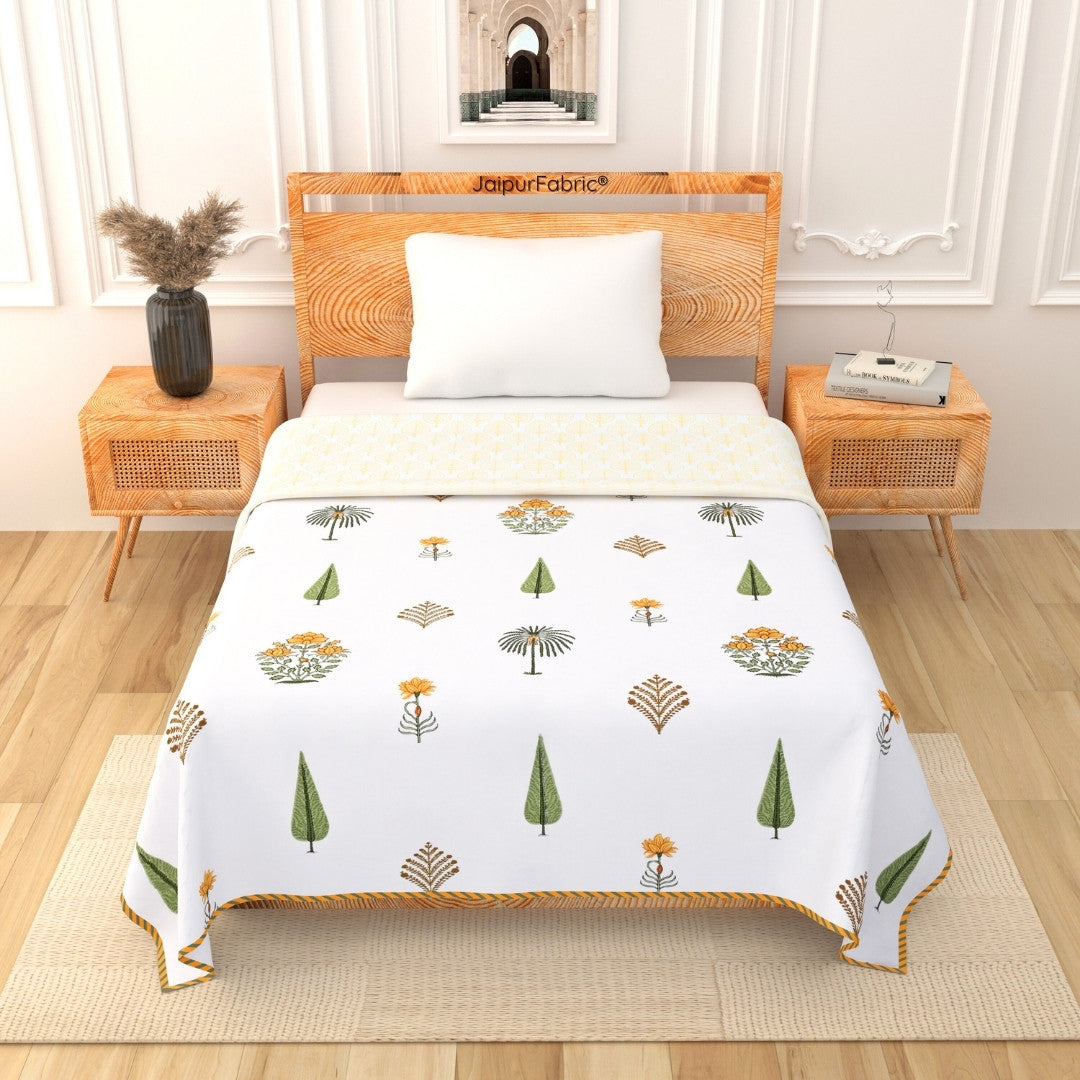 Bamboo Mustard Block Print 400 TC Pure Premium MulMul Cotton Single Bed Dohar