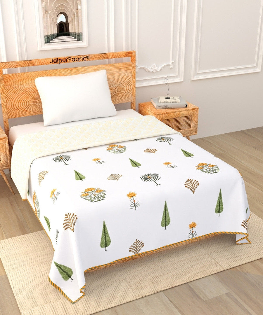 Bamboo Mustard Block Print 400 TC Pure Premium MulMul Cotton Single Bed Dohar