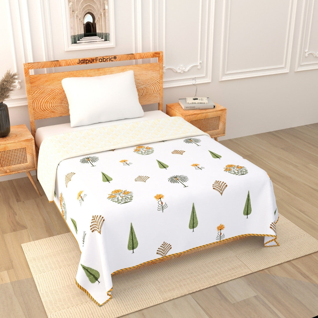 Bamboo Mustard Block Print 400 TC Pure Premium MulMul Cotton Single Bed Dohar