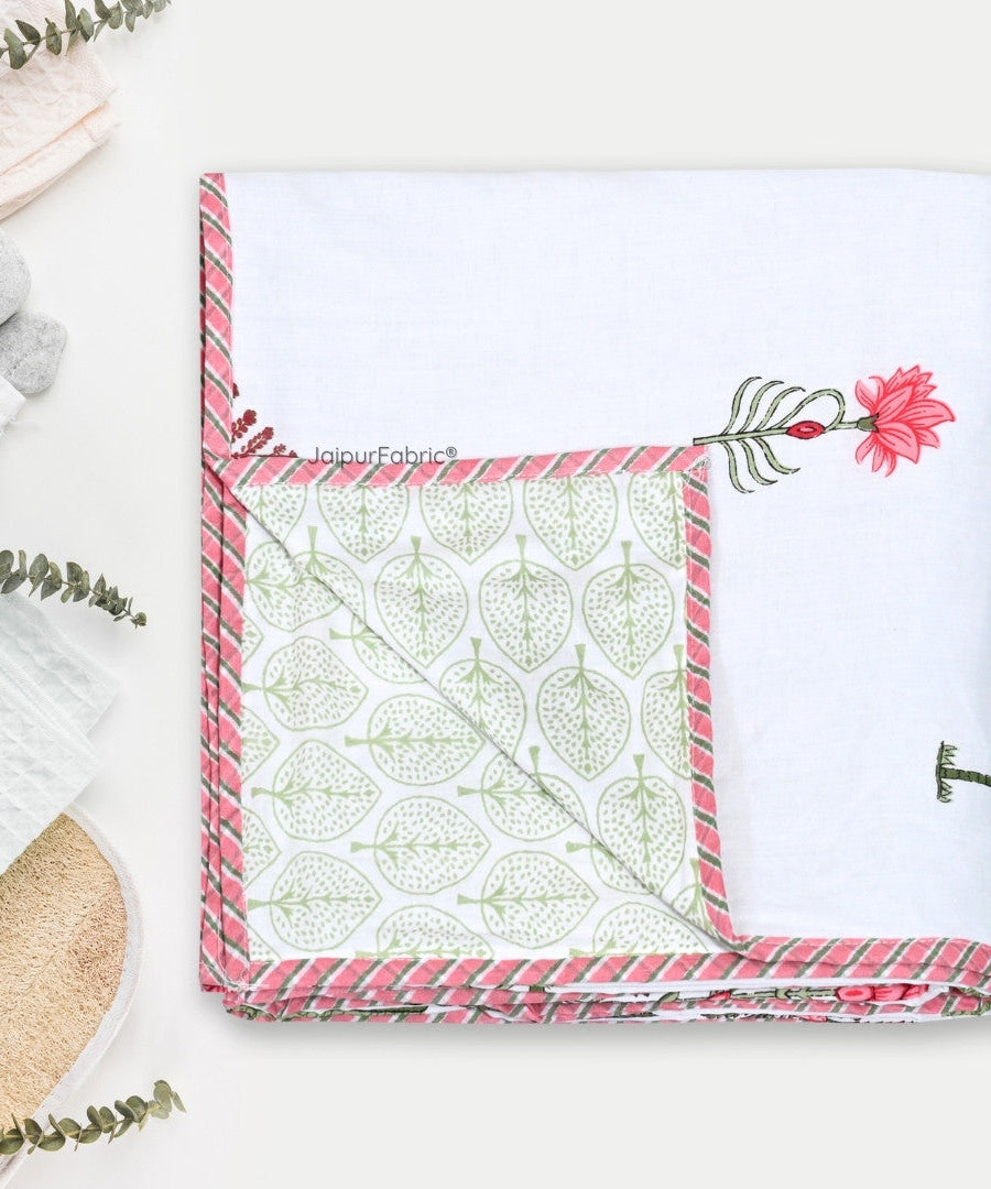 Bamboo Peach Block Print 400 TC Pure Premium MulMul Cotton Single Bed Dohar