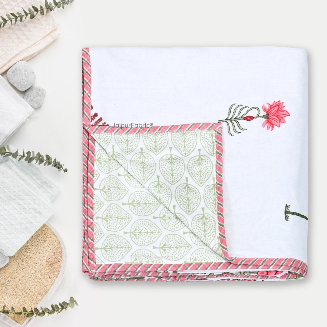 Bamboo Peach Block Print 400 TC Pure Premium MulMul Cotton Single Bed Dohar