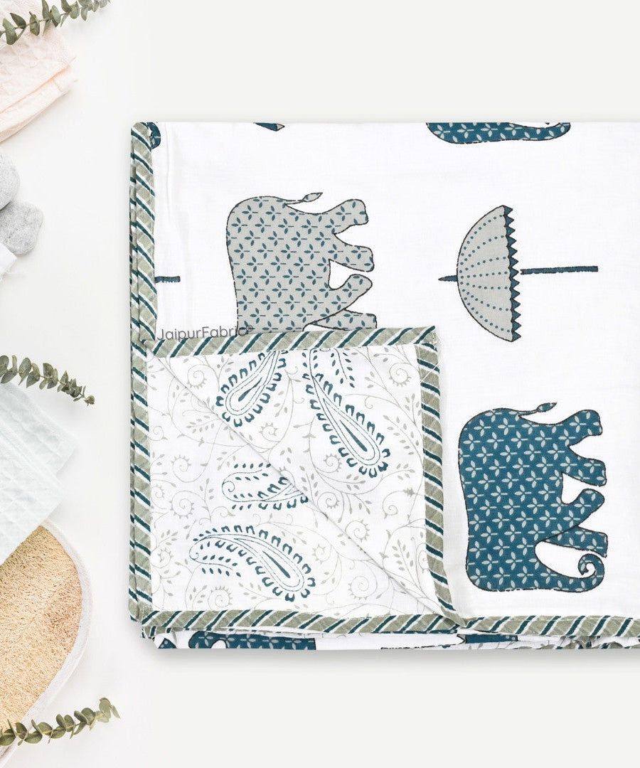 Artistic Green Block Print 400 TC Pure Premium MulMul Cotton Single Bed Dohar