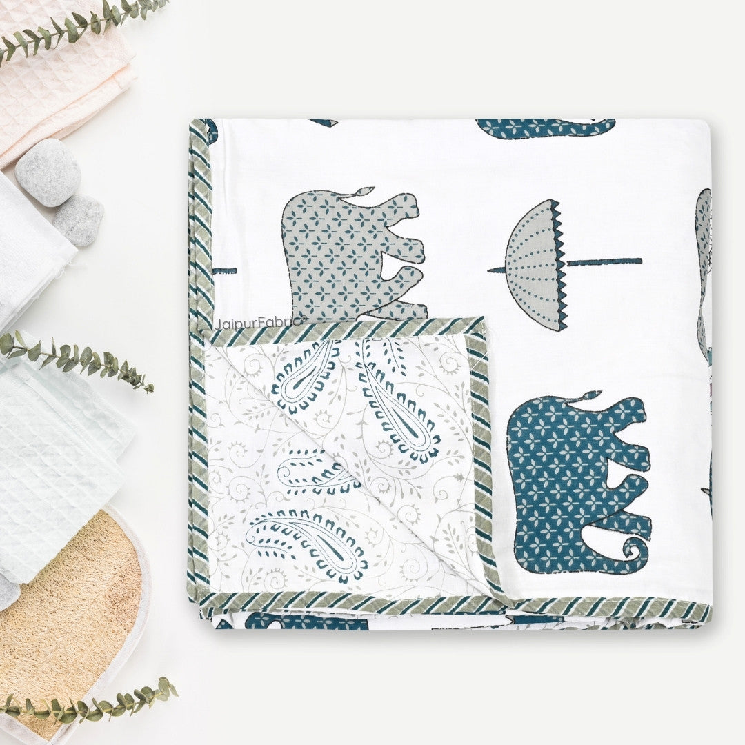 Artistic Green Block Print 400 TC Pure Premium MulMul Cotton Single Bed Dohar