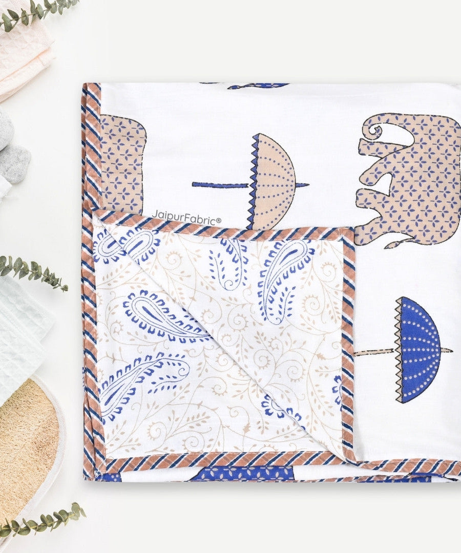 Artistic Blue Block Print 400 TC Pure Premium MulMul Cotton Single Bed Dohar