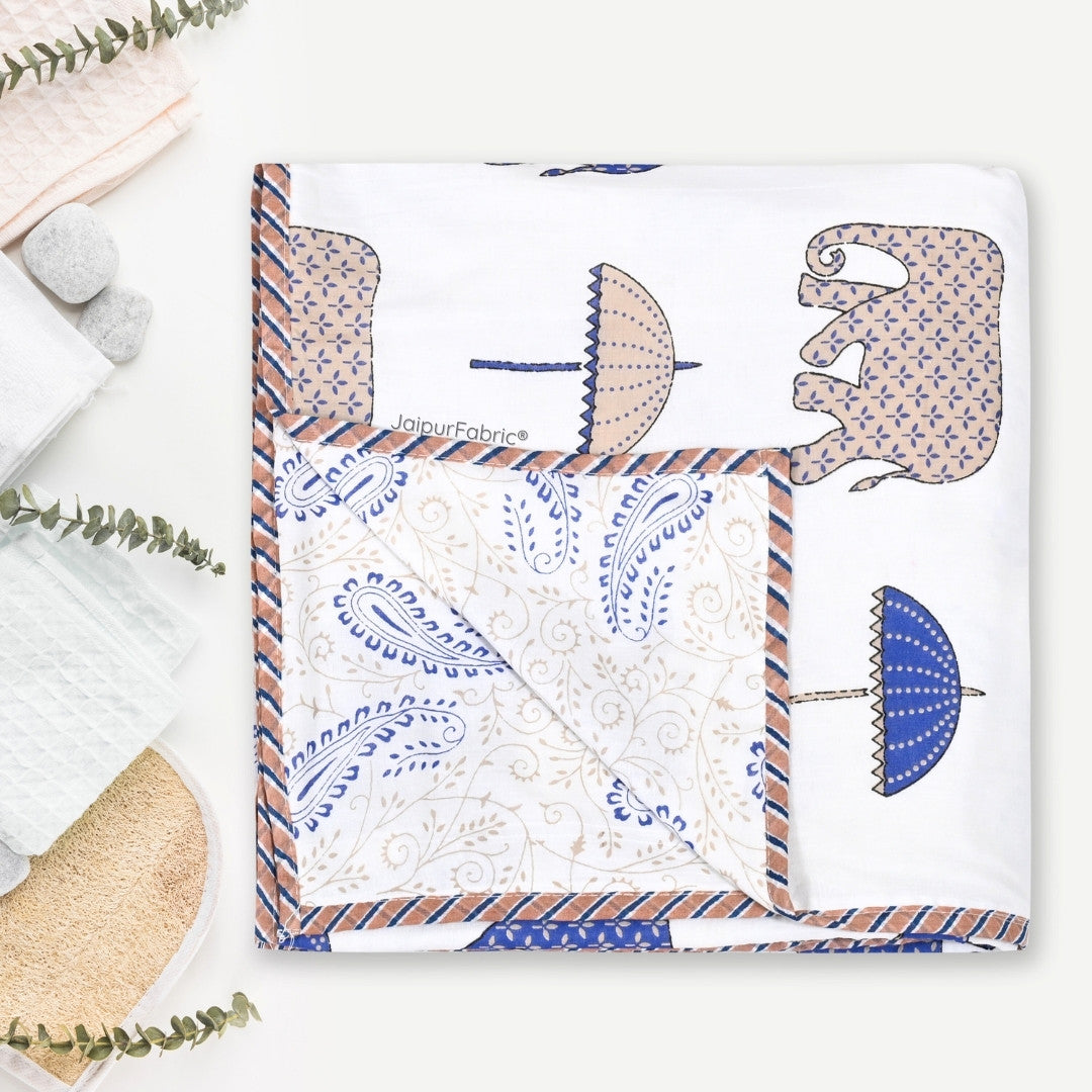 Artistic Blue Block Print 400 TC Pure Premium MulMul Cotton Single Bed Dohar