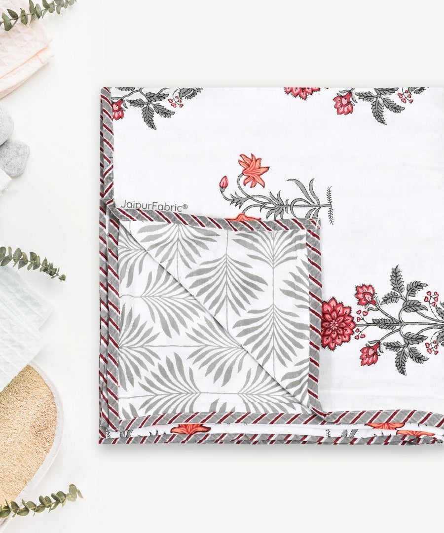 Elegance Cherry Block Print 400 TC Pure Premium MulMul Cotton Single Bed Dohar