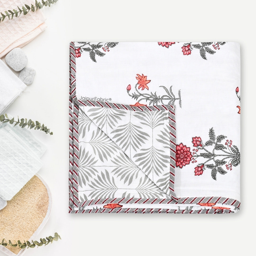 Elegance Cherry Block Print 400 TC Pure Premium MulMul Cotton Single Bed Dohar