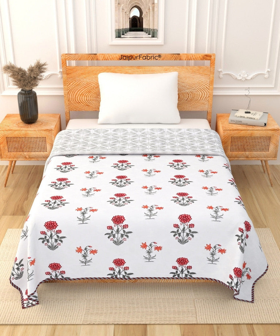Elegance Cherry Block Print 400 TC Pure Premium MulMul Cotton Single Bed Dohar