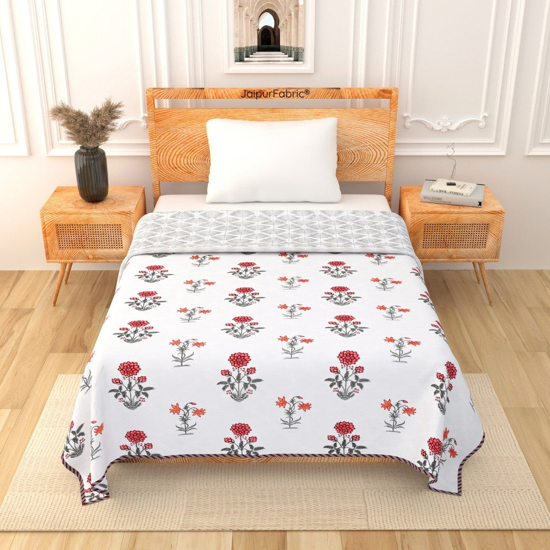 Elegance Cherry Block Print 400 TC Pure Premium MulMul Cotton Single Bed Dohar