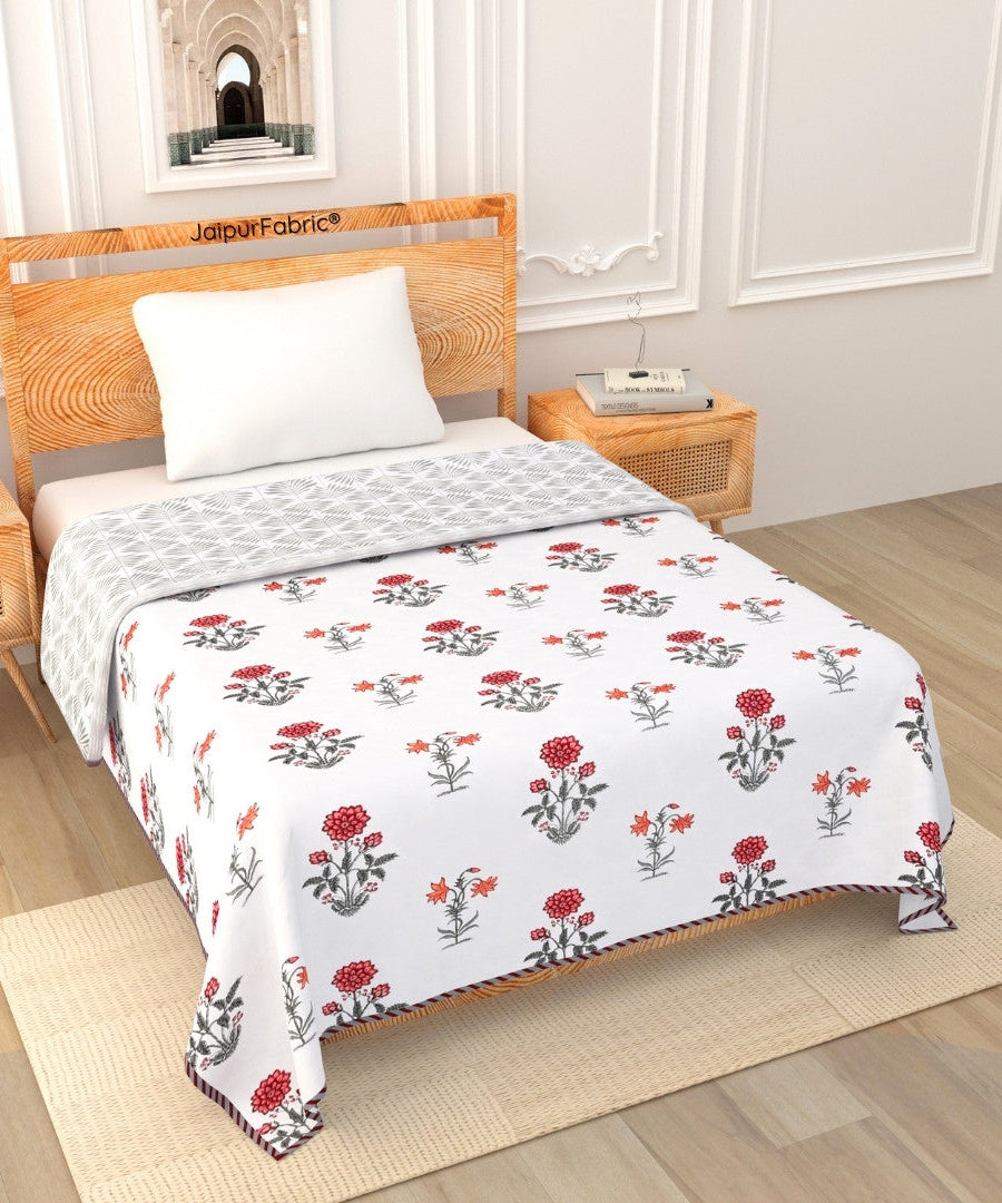 Elegance Cherry Block Print 400 TC Pure Premium MulMul Cotton Single Bed Dohar