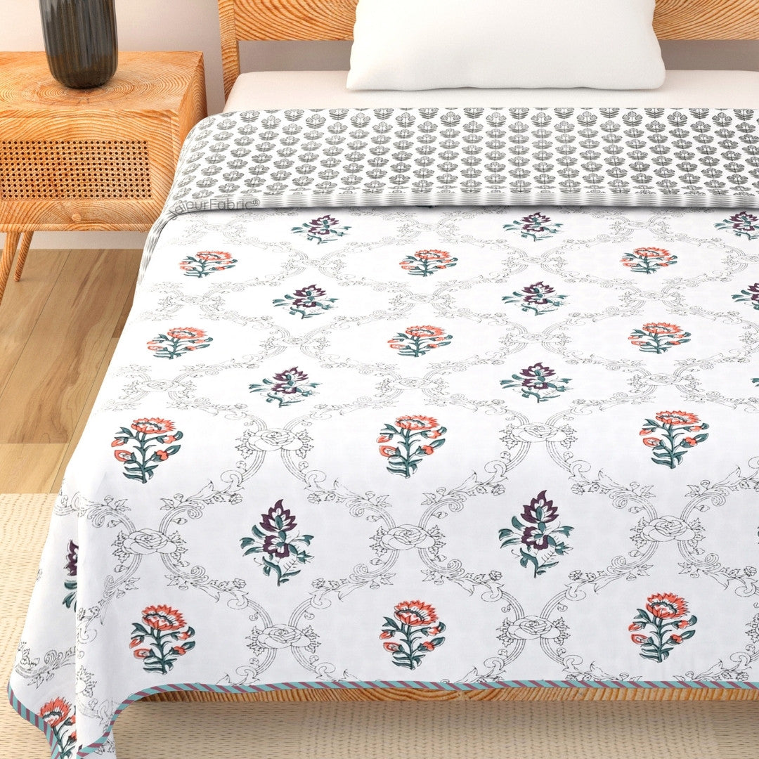 Soothing Calm Peach Block Print 400 TC Pure Premium MulMul Cotton Single Bed Dohar