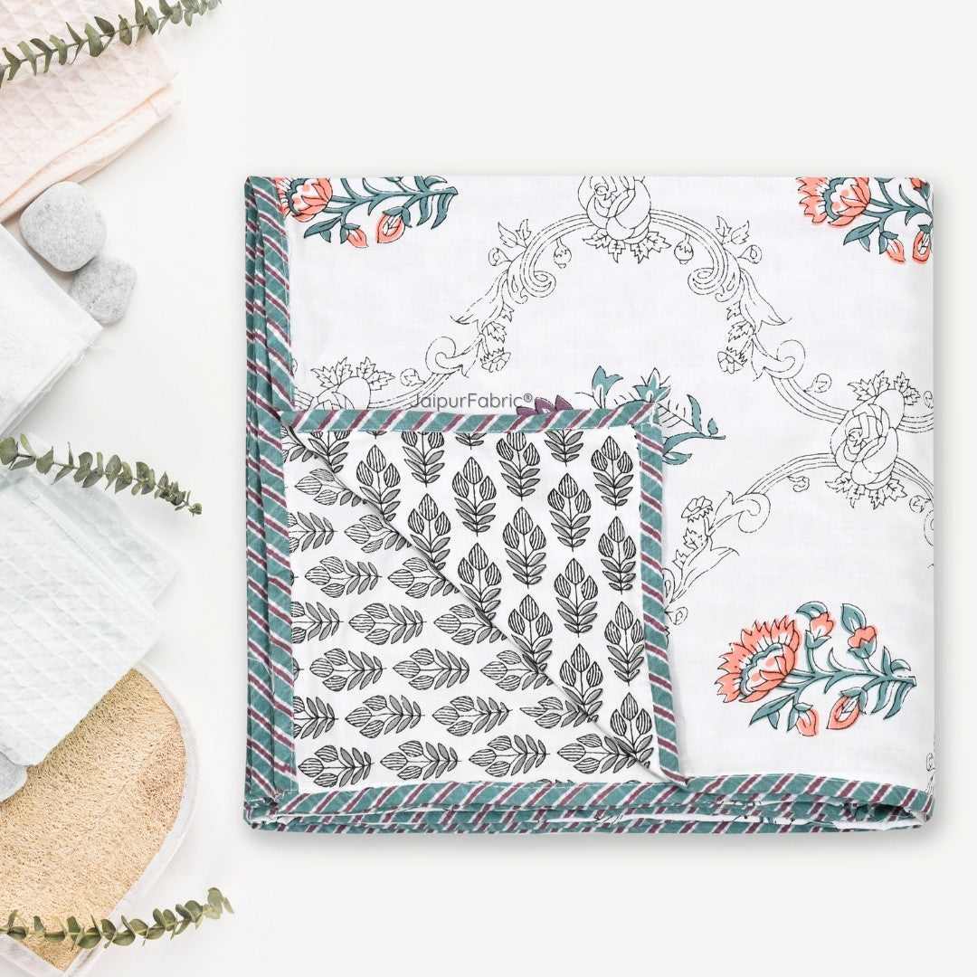 Soothing Calm Peach Block Print 400 TC Pure Premium MulMul Cotton Single Bed Dohar