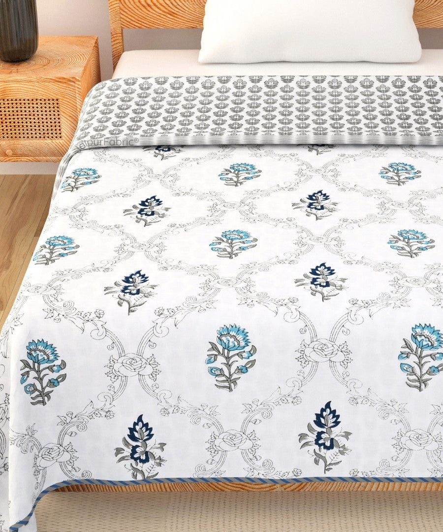 Soothing Calm Blue Block Print 400 TC Pure Premium MulMul Cotton Single Bed Dohar