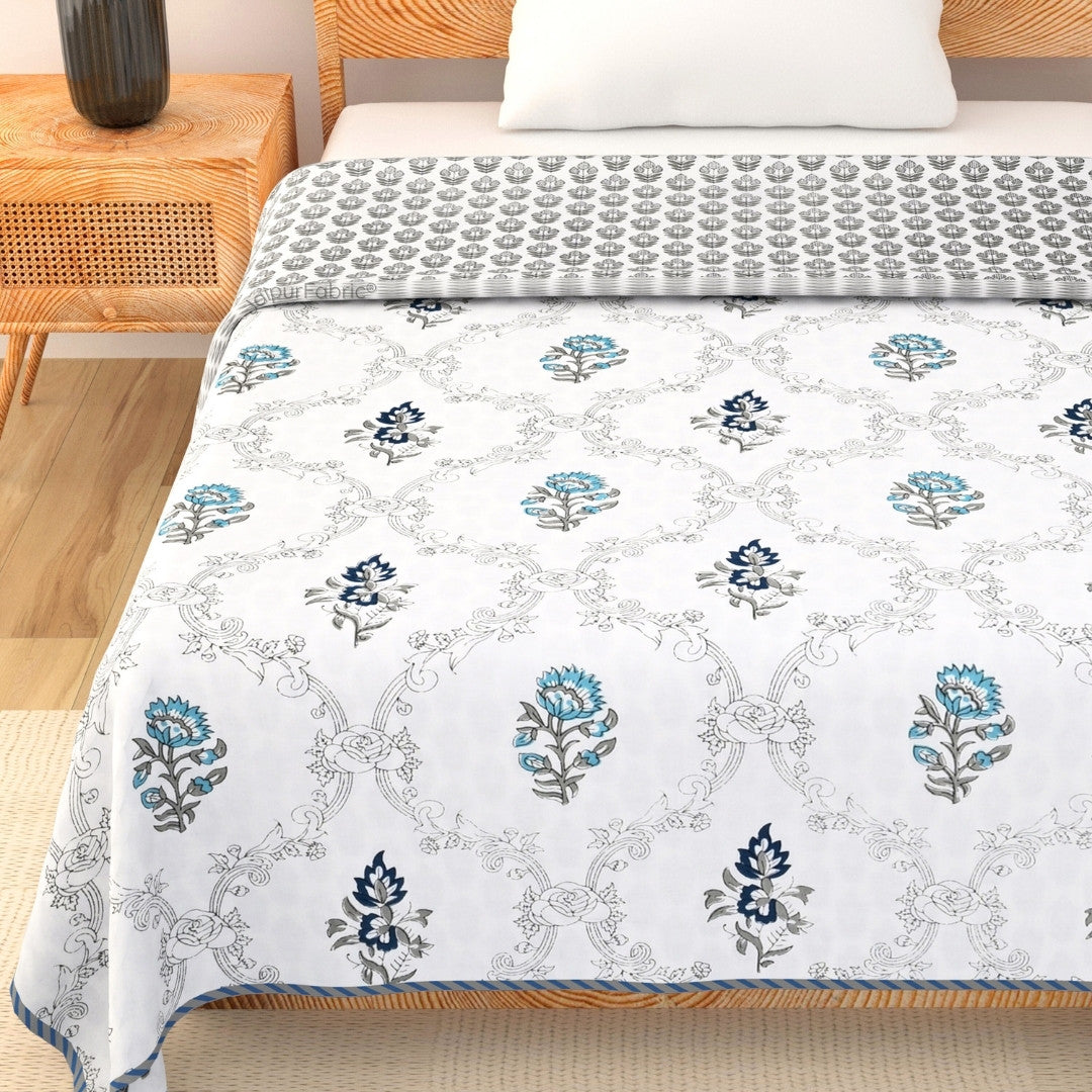 Soothing Calm Blue Block Print 400 TC Pure Premium MulMul Cotton Single Bed Dohar