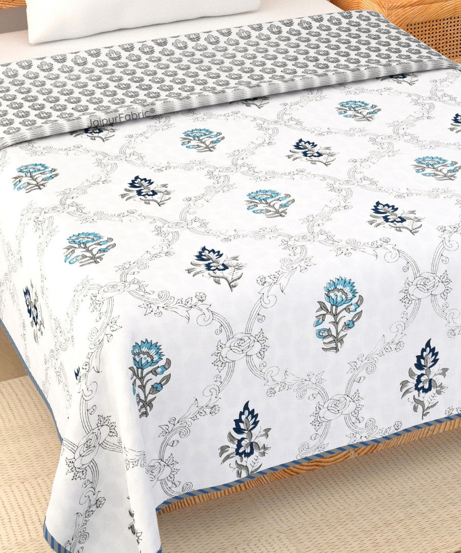 Soothing Calm Blue Block Print 400 TC Pure Premium MulMul Cotton Single Bed Dohar