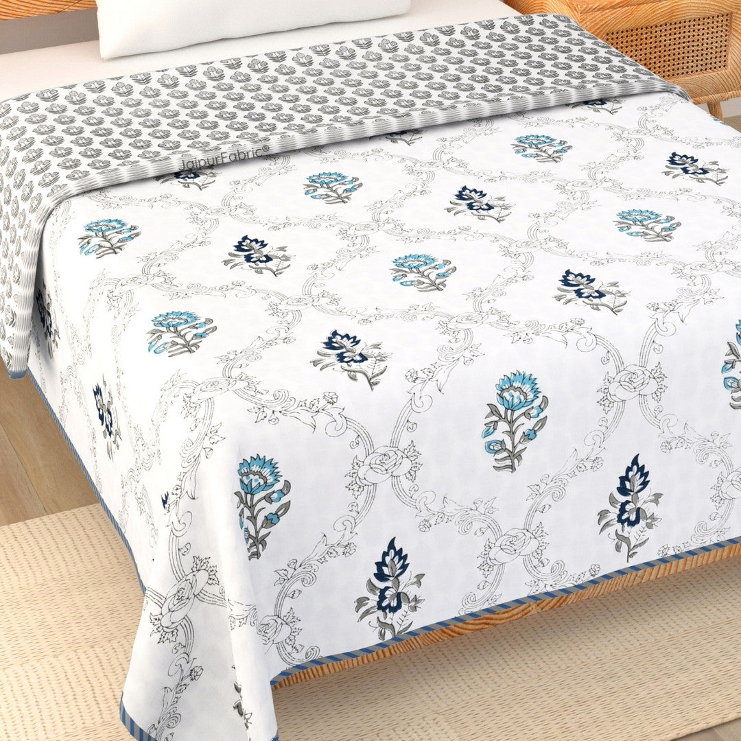 Soothing Calm Blue Block Print 400 TC Pure Premium MulMul Cotton Single Bed Dohar