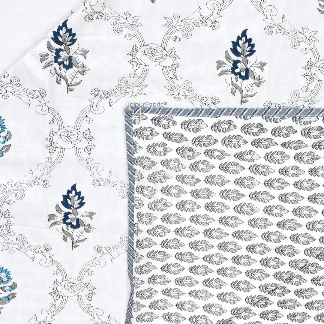Soothing Calm Blue Block Print 400 TC Pure Premium MulMul Cotton Single Bed Dohar
