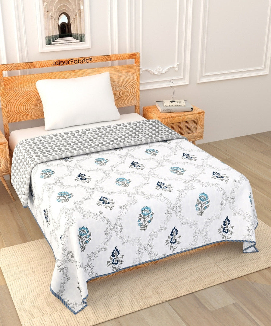 Soothing Calm Blue Block Print 400 TC Pure Premium MulMul Cotton Single Bed Dohar