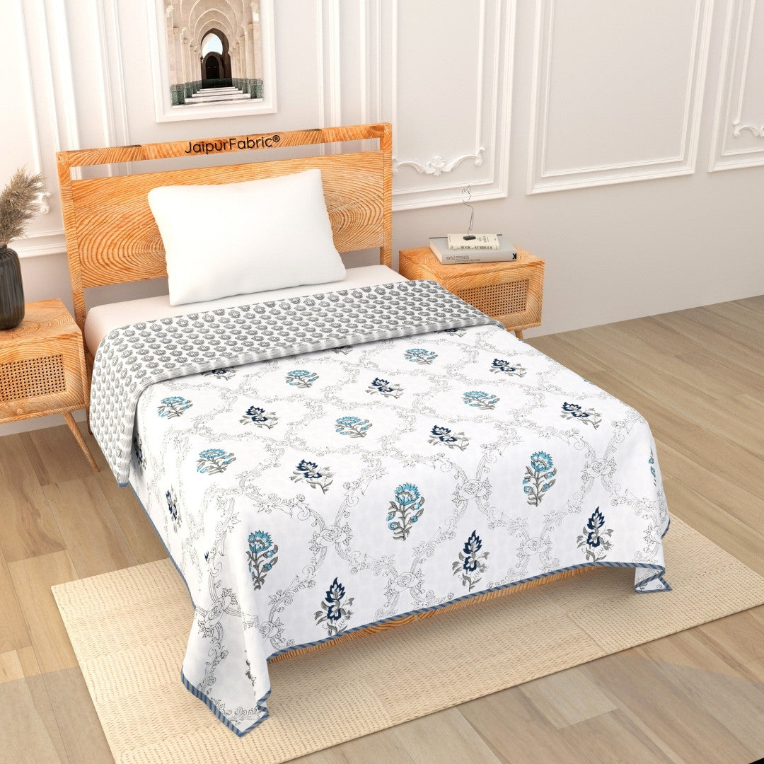 Soothing Calm Blue Block Print 400 TC Pure Premium MulMul Cotton Single Bed Dohar