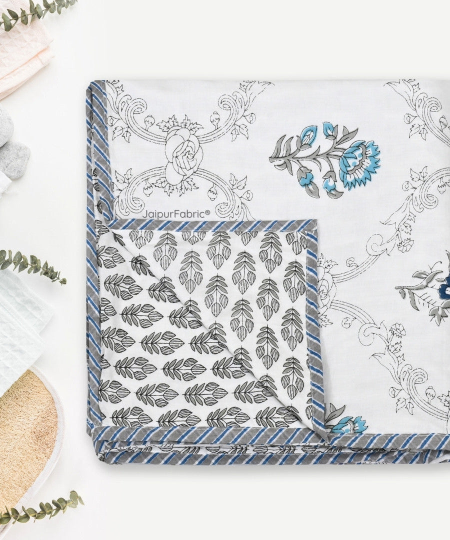 Soothing Calm Blue Block Print 400 TC Pure Premium MulMul Cotton Single Bed Dohar