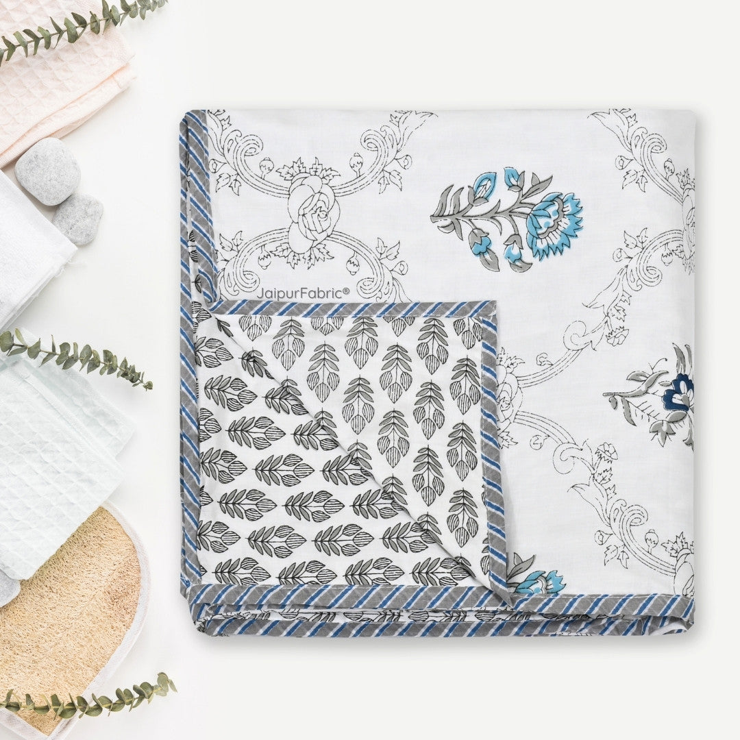 Soothing Calm Blue Block Print 400 TC Pure Premium MulMul Cotton Single Bed Dohar