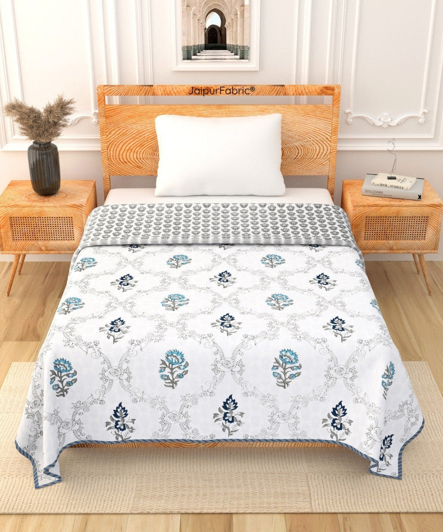 Soothing Calm Blue Block Print 400 TC Pure Premium MulMul Cotton Single Bed Dohar
