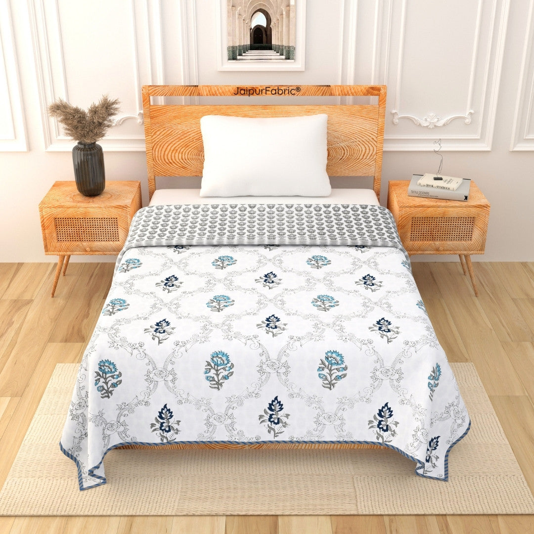 Soothing Calm Blue Block Print 400 TC Pure Premium MulMul Cotton Single Bed Dohar