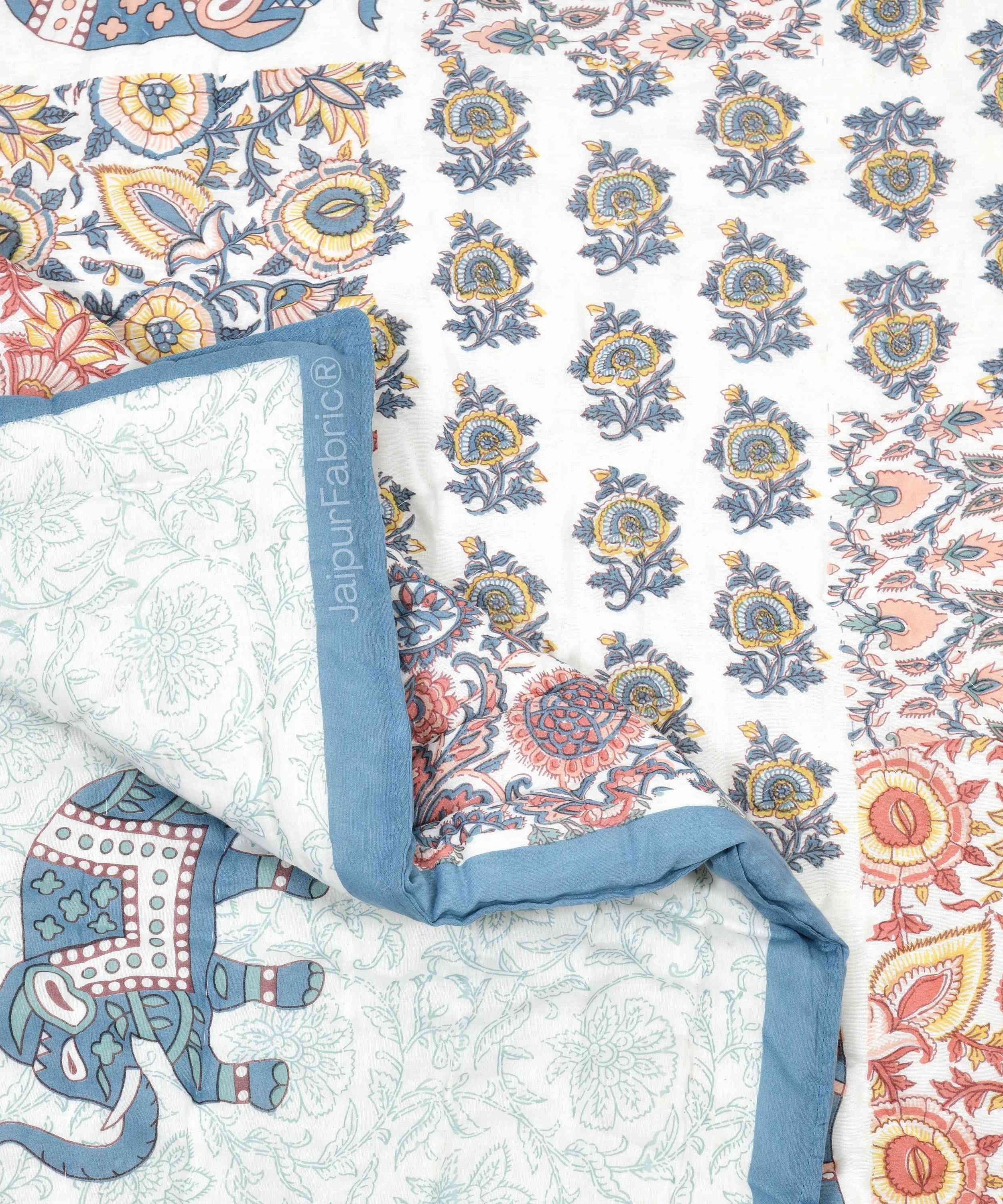 Reversible Patchwork Elephant Print with Intricate Floral Design Double Sided Quilt Rajai
