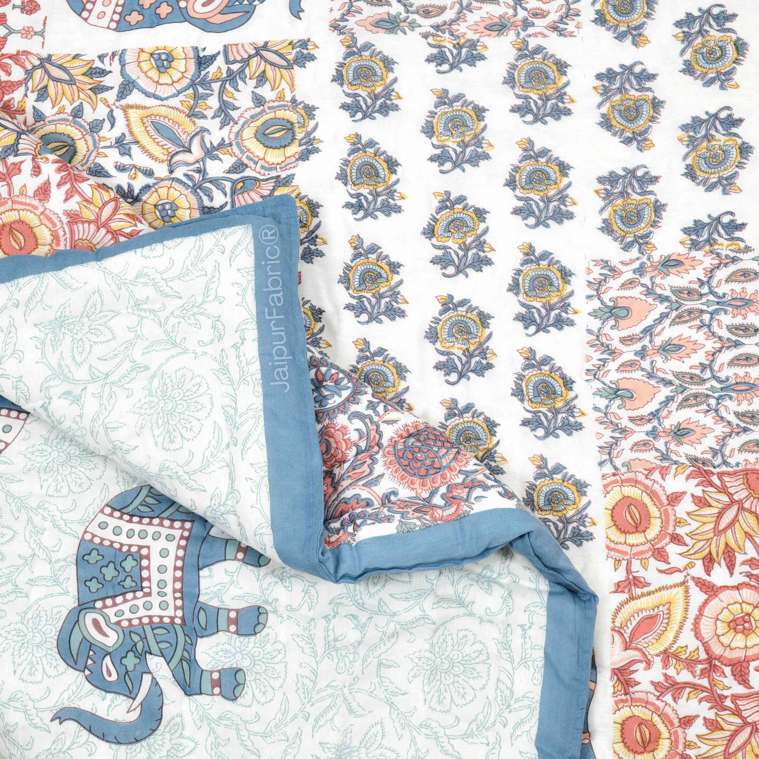 Reversible Patchwork Elephant Print with Intricate Floral Design Double Sided Quilt Rajai