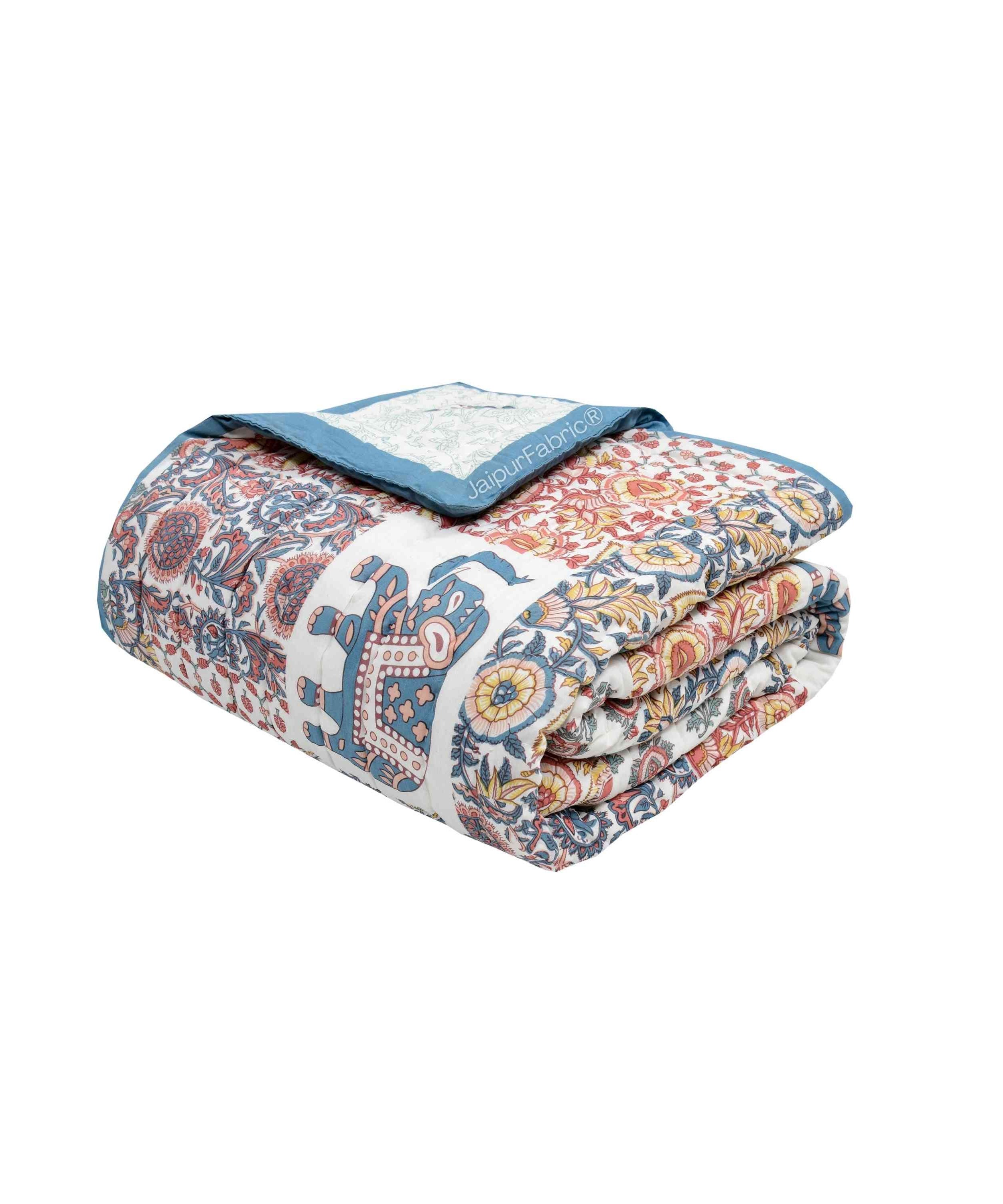 Reversible Patchwork Elephant Print with Intricate Floral Design Double Sided Quilt Rajai