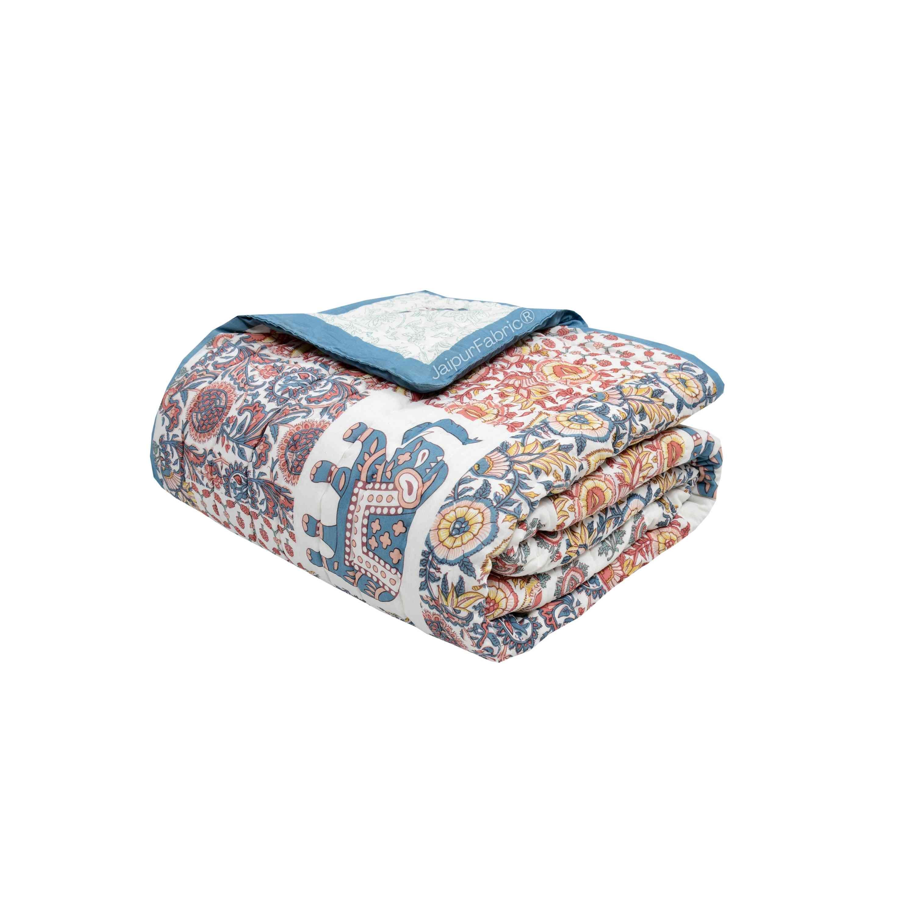 Reversible Patchwork Elephant Print with Intricate Floral Design Double Sided Quilt Rajai