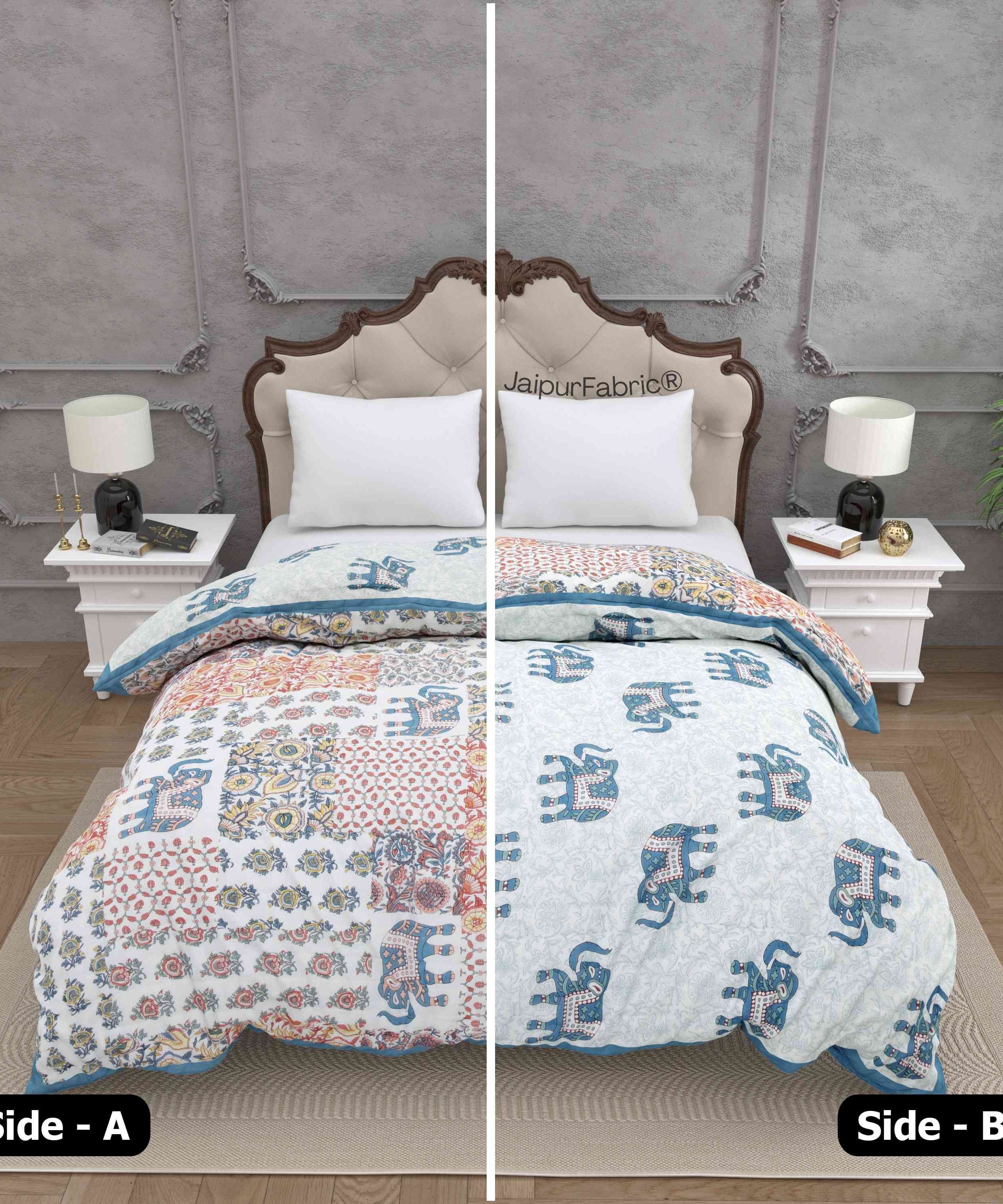 Reversible Patchwork Elephant Print with Intricate Floral Design Double Sided Quilt Rajai