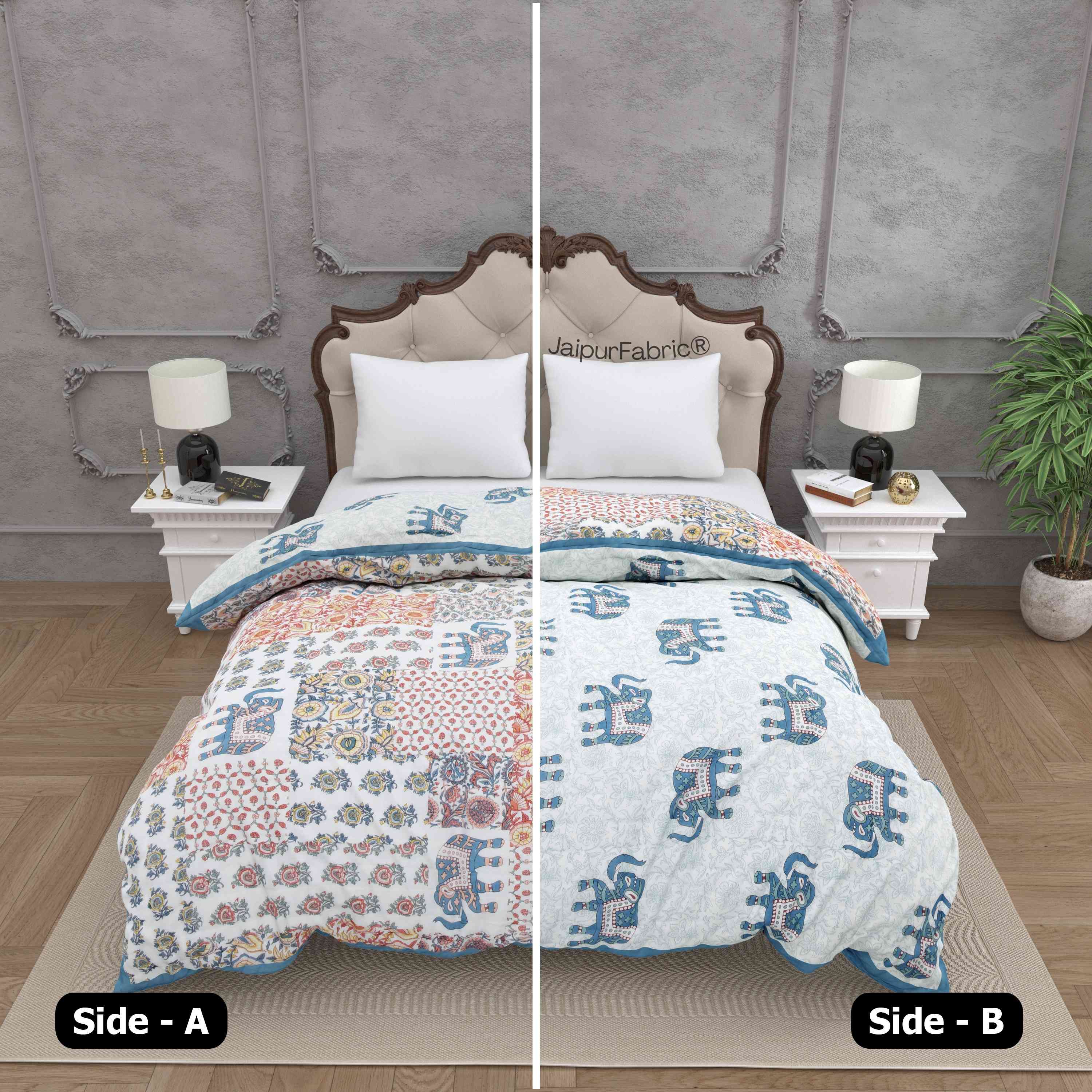 Reversible Patchwork Elephant Print with Intricate Floral Design Double Sided Quilt Rajai