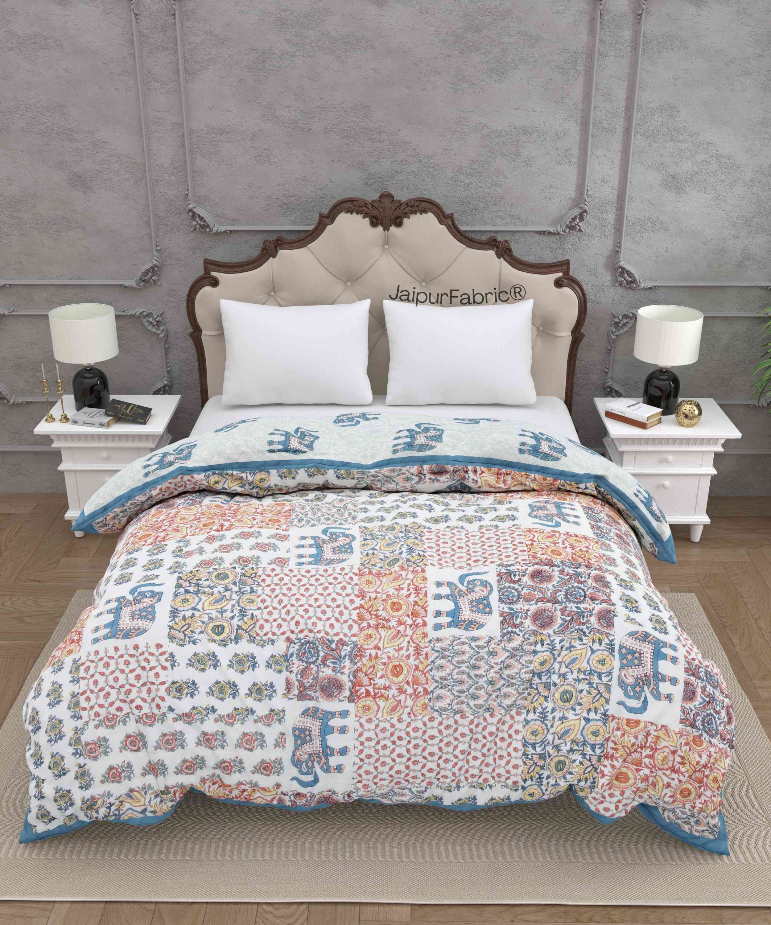 Reversible Patchwork Elephant Print with Intricate Floral Design Double Sided Quilt Rajai
