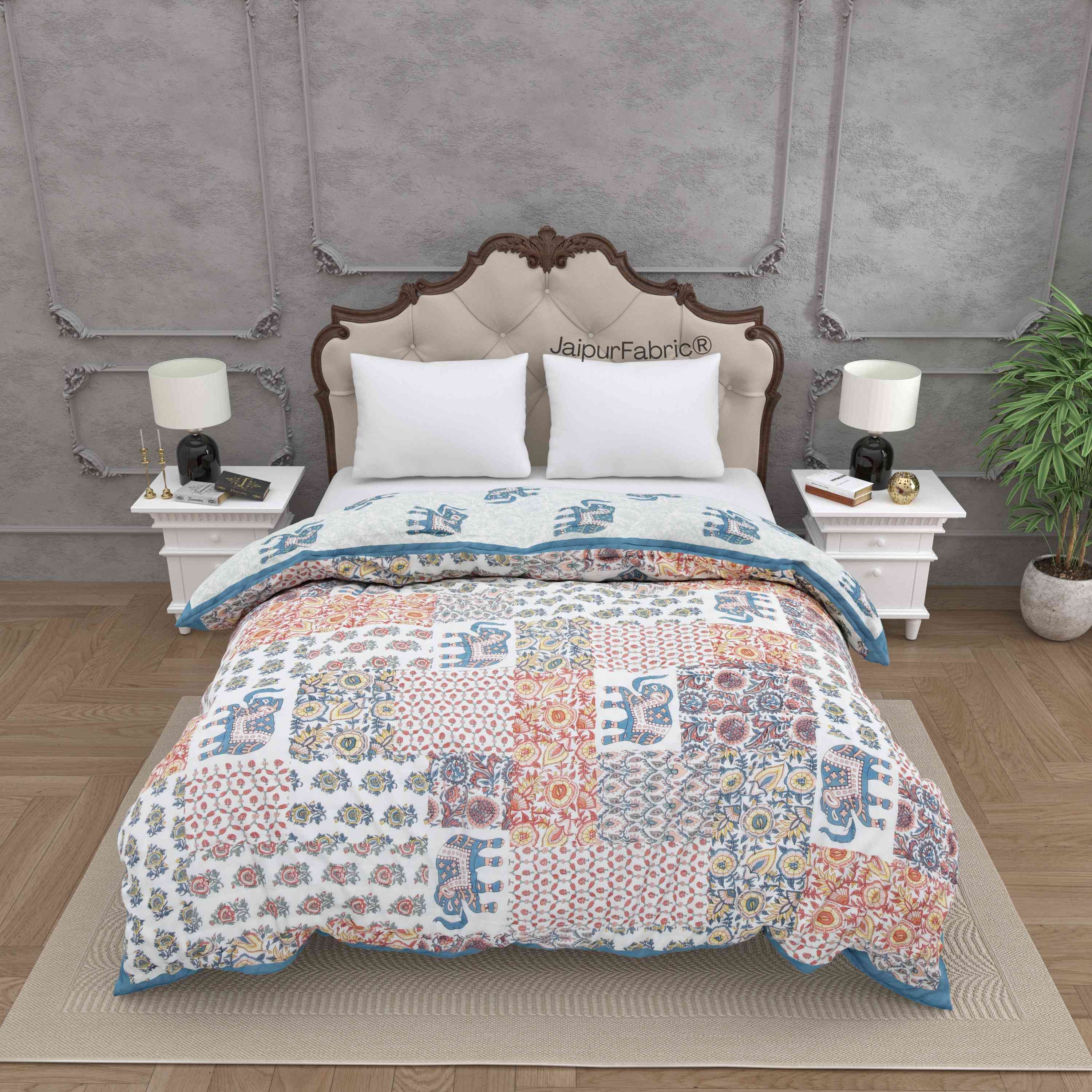 Reversible Patchwork Elephant Print with Intricate Floral Design Double Sided Quilt Rajai