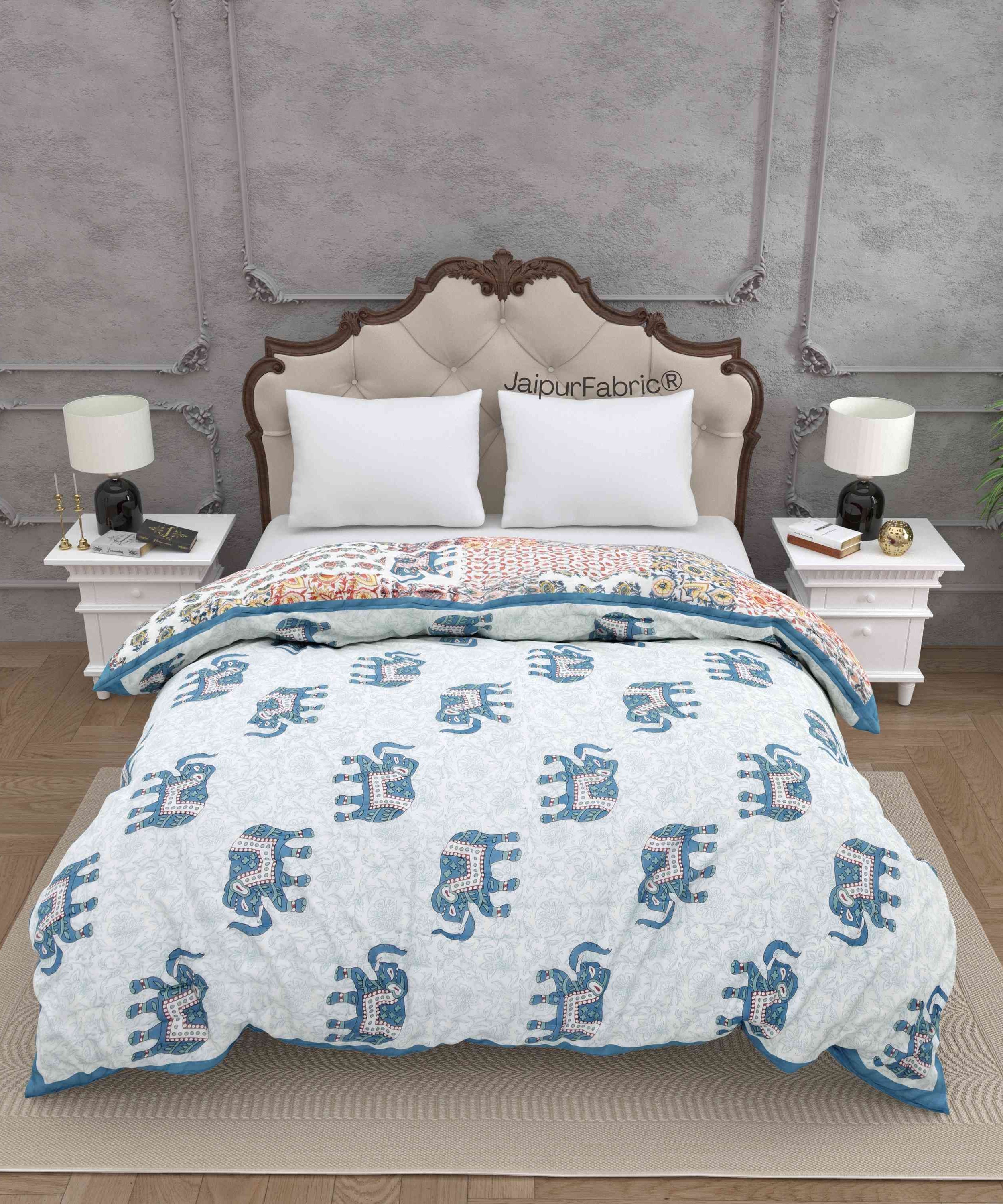 Reversible Patchwork Elephant Print with Intricate Floral Design Double Sided Quilt Rajai