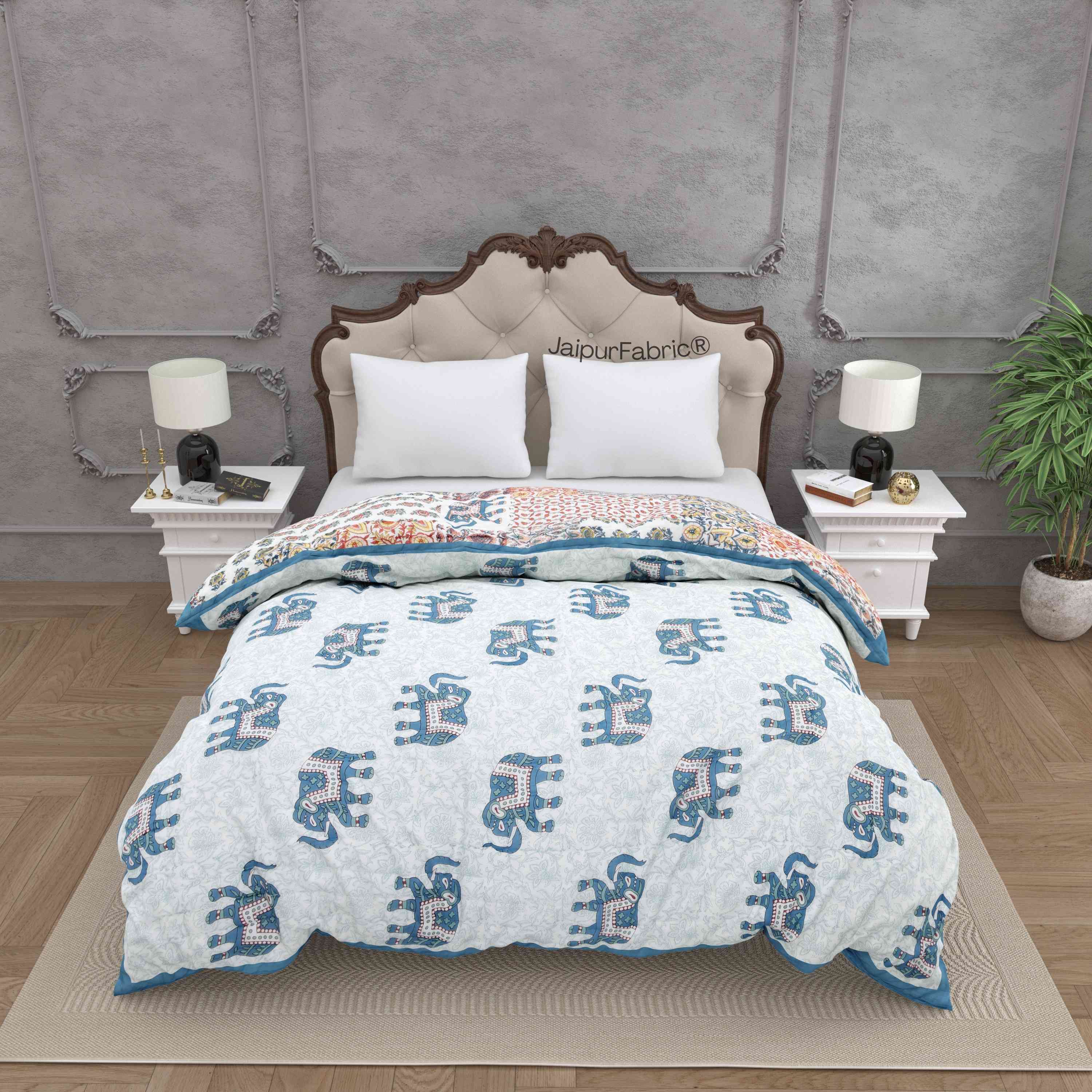 Reversible Patchwork Elephant Print with Intricate Floral Design Double Sided Quilt Rajai