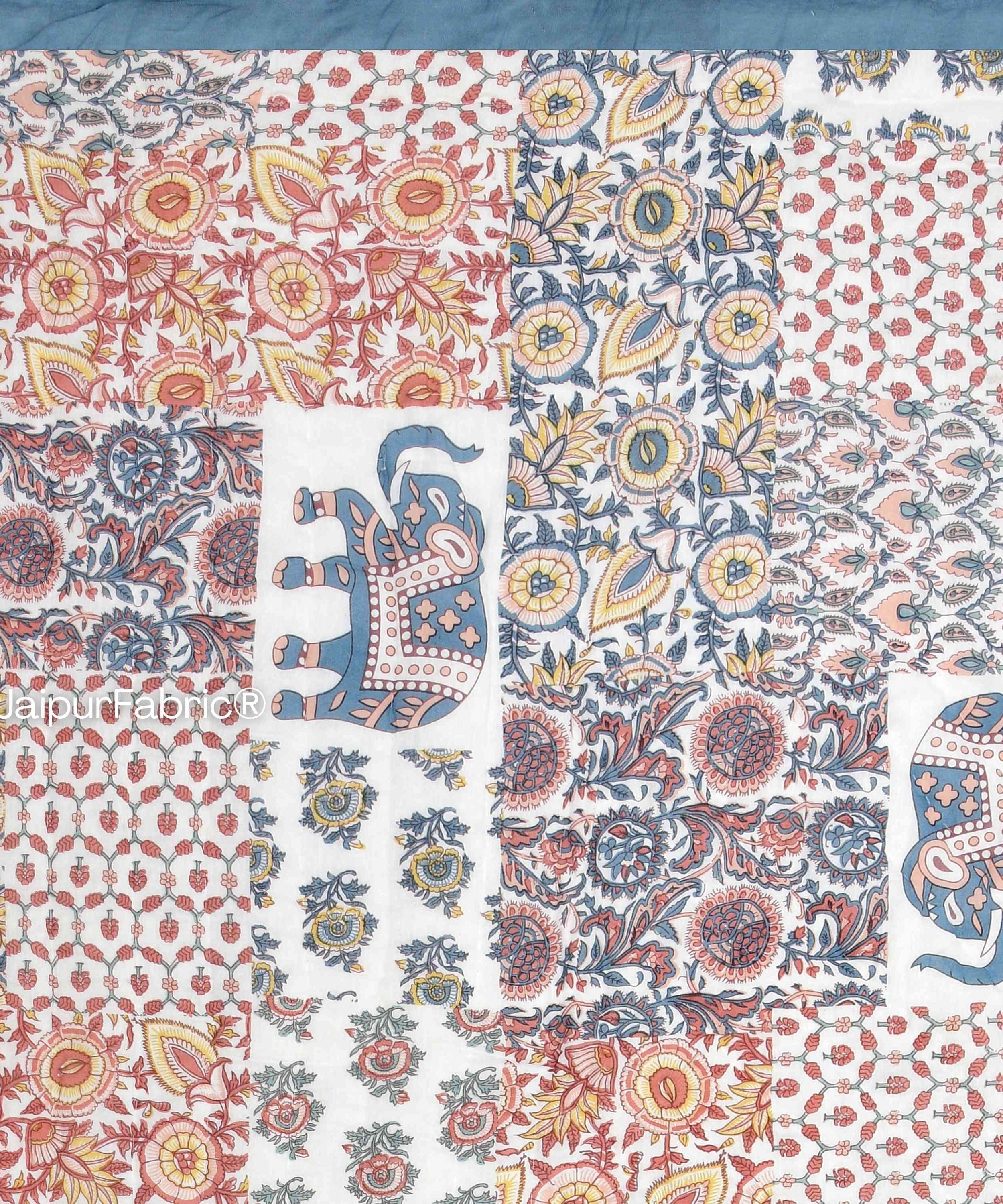 Reversible Patchwork Elephant Print with Intricate Floral Design Double Sided Quilt Rajai