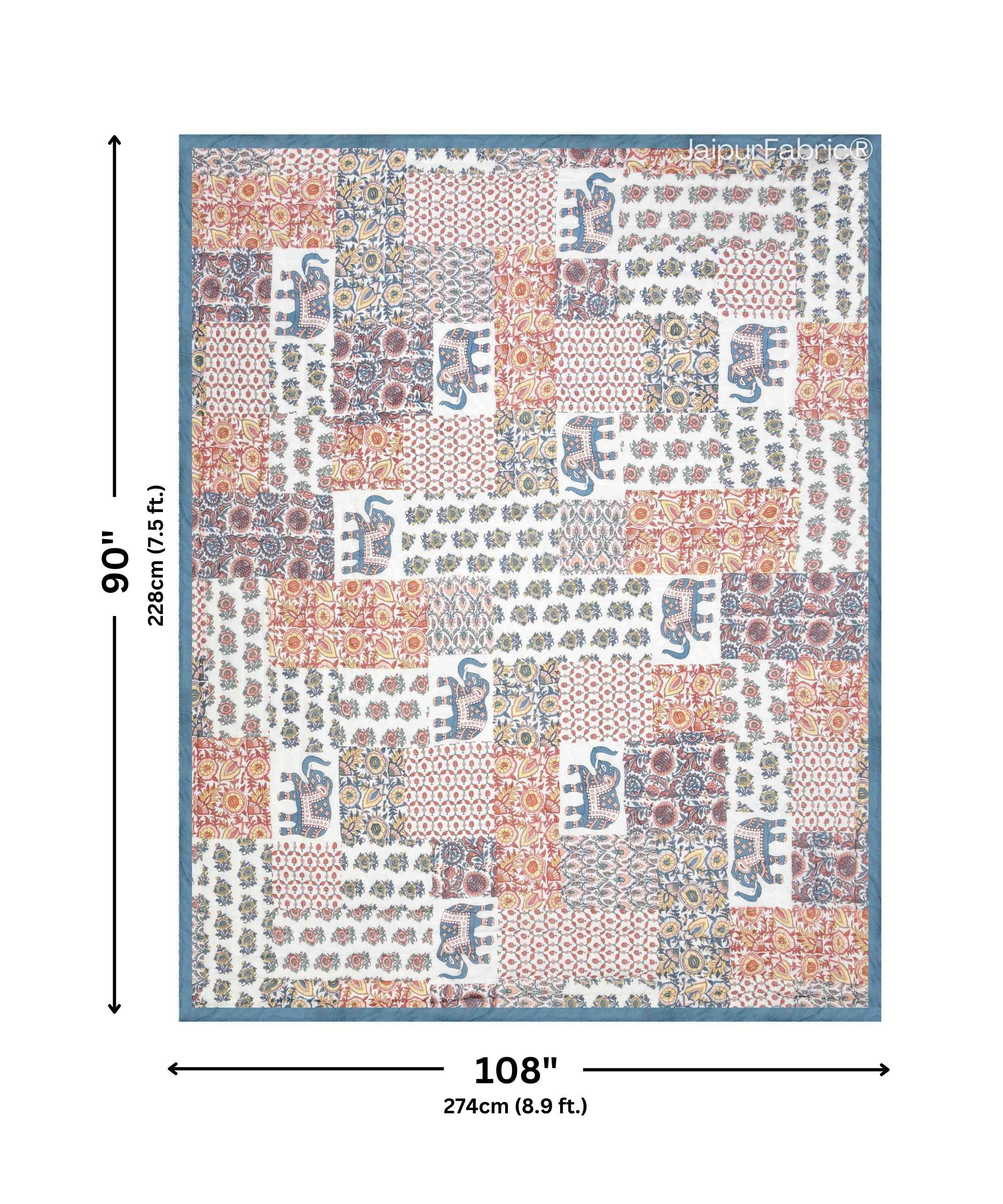 Reversible Patchwork Elephant Print with Intricate Floral Design Double Sided Quilt Rajai