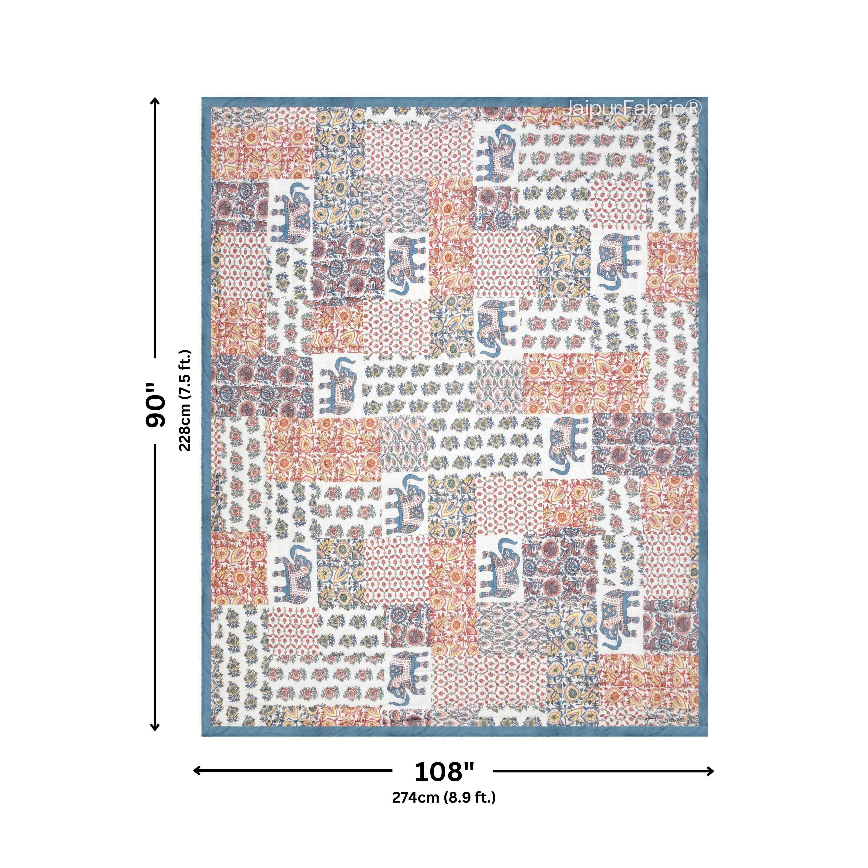 Reversible Patchwork Elephant Print with Intricate Floral Design Double Sided Quilt Rajai